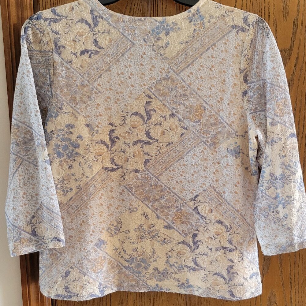 Coldwater Creek fully lined top with sheer 3/4" length sleeves blue/beige Size L - Picture 2 of 12